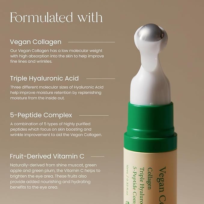 Suero de colágeno vegano para ojos con triple ácido hialurónico y complejo de 5 péptidos | Cuidado de las arrugas, reducción de líneas finas, iluminador | Cuidado de la piel coreano vegano y libre