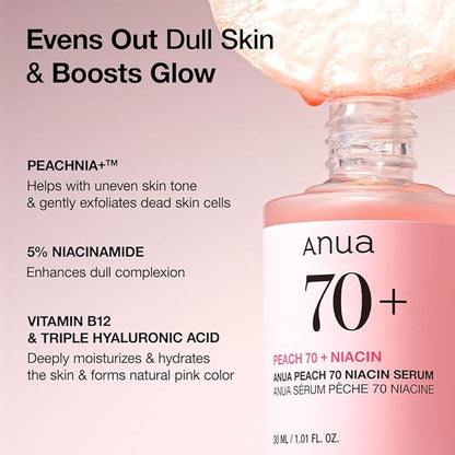 ANUA [Anua] Peach Suero De Niacinamide 70% 30ml l Tratamiento De Hiperpigmentación De Suero Facial Hidratante Iluminador Que Reduce La Melanina Belleza Limpia Diaria Cosmetico Coreano