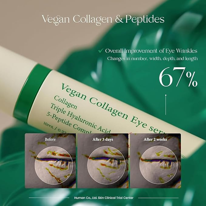 Suero de colágeno vegano para ojos con triple ácido hialurónico y complejo de 5 péptidos | Cuidado de las arrugas, reducción de líneas finas, iluminador | Cuidado de la piel coreano vegano y libre