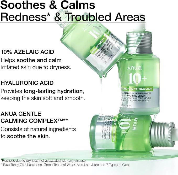 Anua Suero Facial Calmante con Acido Azelaico 10% y Acido Hialuronico, para Piel Sensible